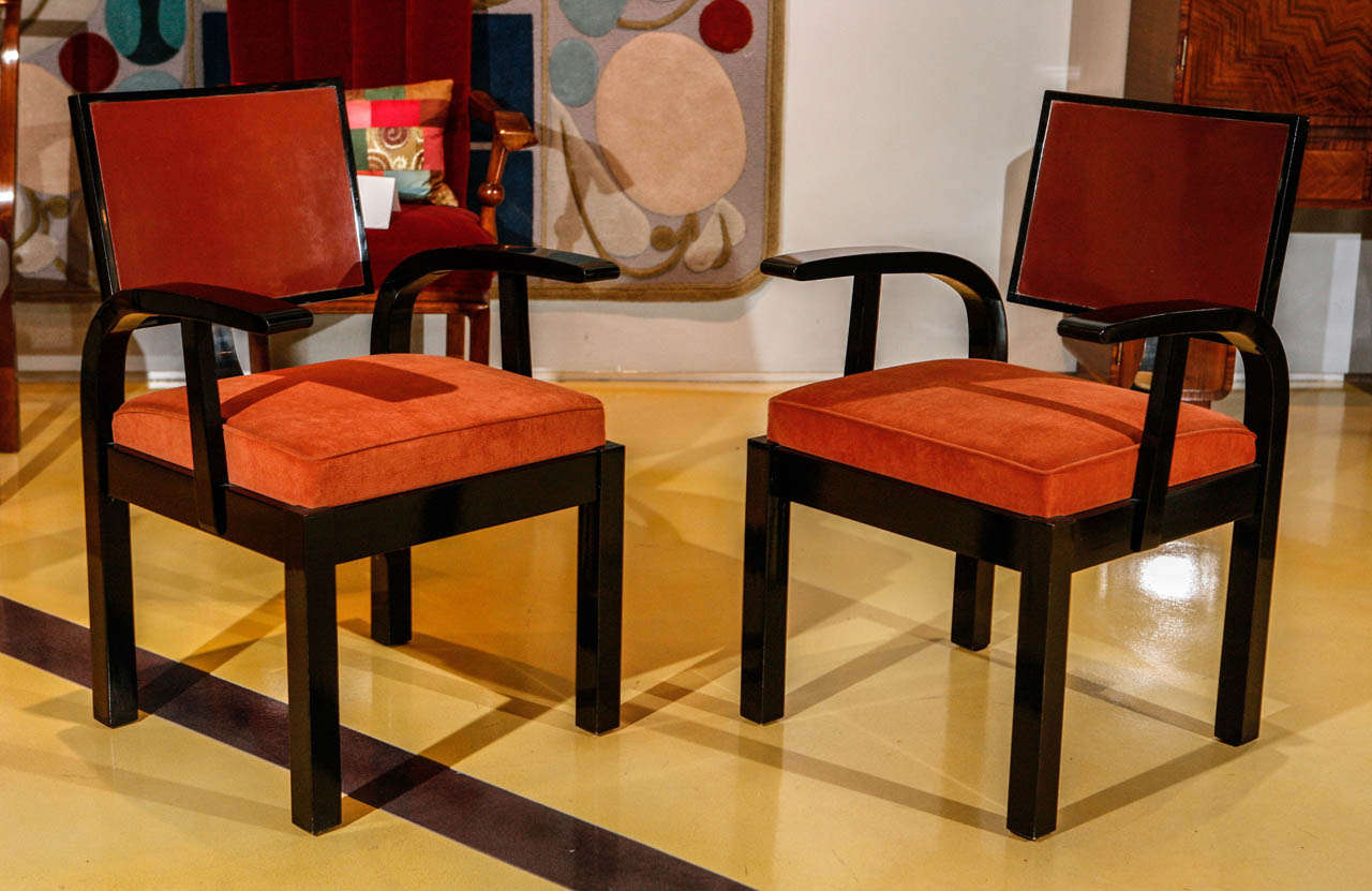 Pair of armchairs designed by Lajos Kozma and made by the Hessler factory. Black lacquer frame, rust brown linoleum back and rust color new cover.