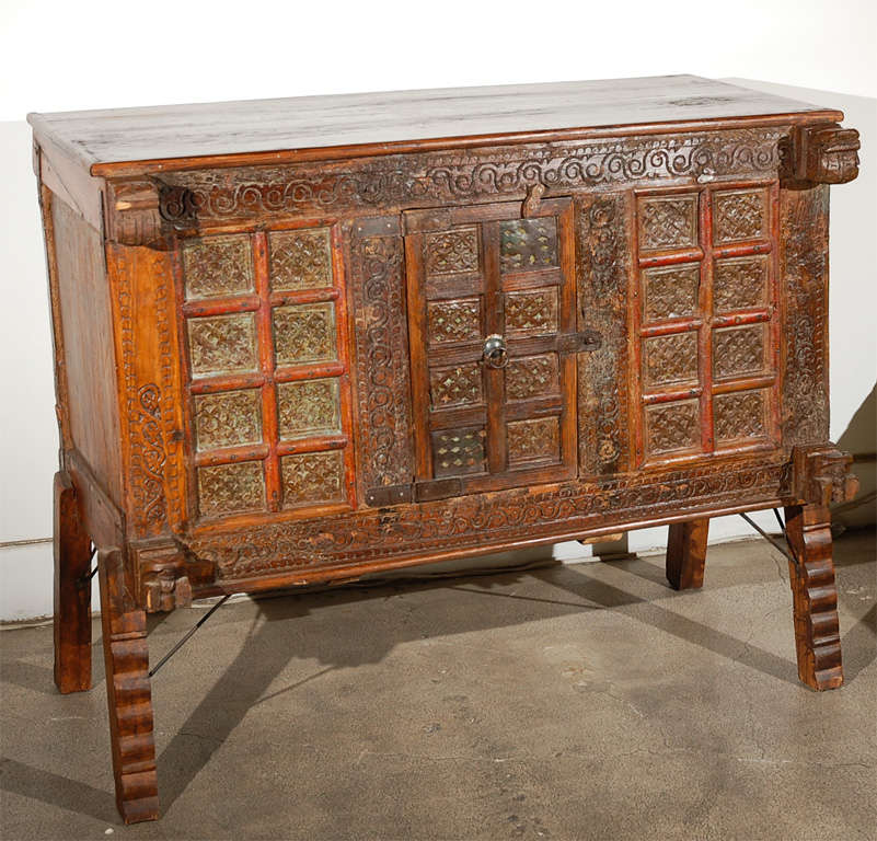 19th century handcrafted Indo Portuguese dowry wooden dowry cabinet.
Detailed heavy carving gives this trunk a Moorish Gothic appearance.
Stunning Spanish Moorish trunk with original patina.
The total depth with the two decorative pieces is