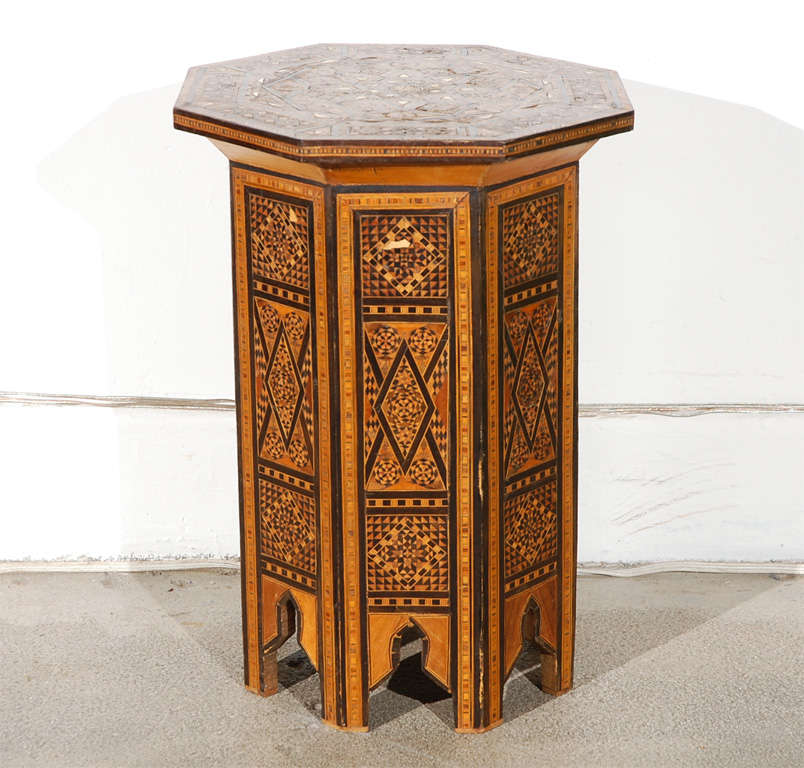 Antique Marquetry Damascus Orientalist octagonal mosaic side table beautifully patterned with intricate inlay of tortoise shell various woods and mother-of-pearl.<br />
We specialise in Moorish, Moroccan, Middle Eastern, Islamic Art and African