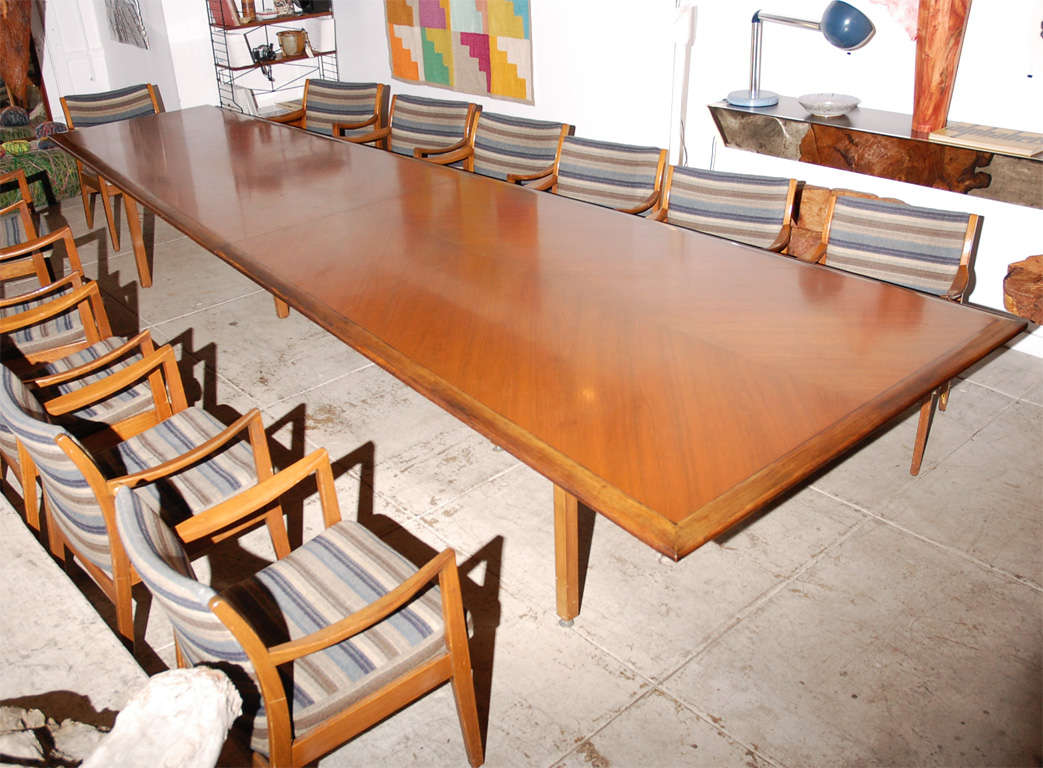 Mahogany Conference Table from the Paul Williams Golden State Mutual Life Building with Sixteen Armchairs.  Armchairs by Johnson Chair Co. and made in Chicago. <br />
<br />
Table: 180