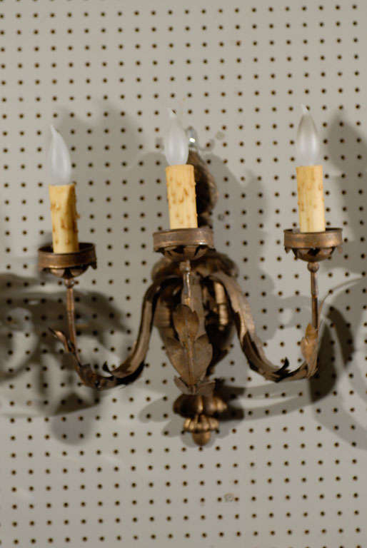 French Pair of Gilded Tole and Wood Sconces from France For Sale