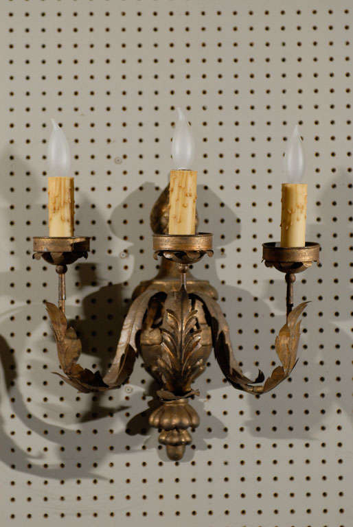 Pair of Gilded Tole and Wood Sconces from France In Distressed Condition For Sale In Atlanta, GA