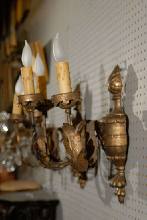 Pair of Gilded Tole and Wood Sconces from France For Sale 1