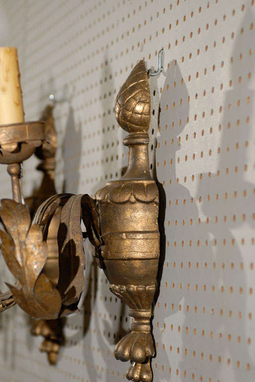 Pair of Gilded Tole and Wood Sconces from France For Sale 2
