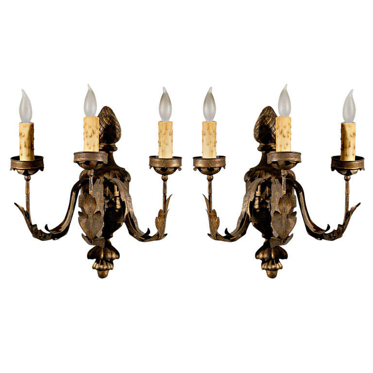 Pair of Gilded Tole and Wood Sconces from France For Sale