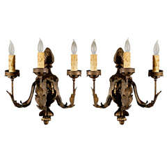 Pair of Gilded Tole and Wood Sconces from France