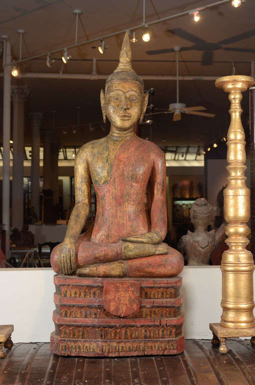 Large Laotian Wooden Seated Buddha