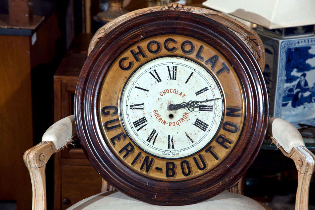 French tole advertising clock, c. 1900-20, by the Guerin-Boutron chocolate company. The clock mechanism has been removed and the clock is purely decorative.