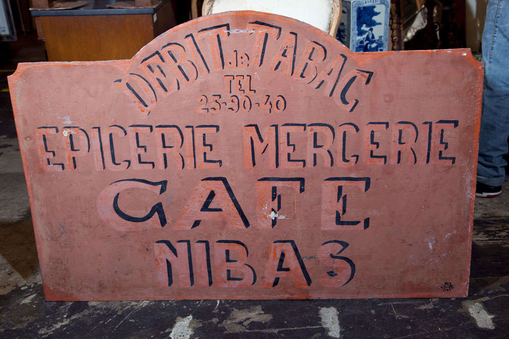 French painted metal tabac/cafe/epicerie (groceries) trade sign, c. 1900-20 from Nibas, a commune in the Somme department in Picardie in northern France.