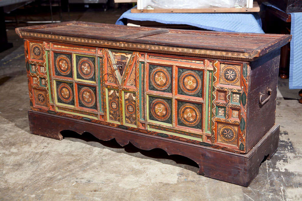 Moravian/Bohemian dowry chest, 18th century, with superb folk art design and paintwork. This chest was used for changing winter and summer clothing and would have been part of a bride's dowry. Original iron lock and carrying handles, old replaced