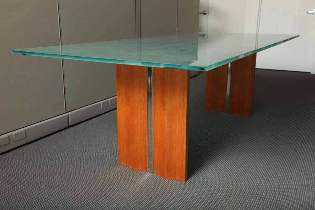 Glass top exectuive desk/table with wood and metal base by Dakota Jackson.  USA, circa 1980.  

Dimensions:
Glass Top 96