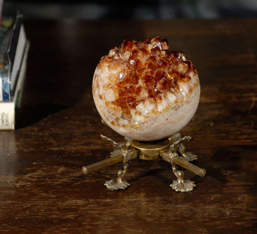 Amber Rock Crystal Ball on Brass Stand