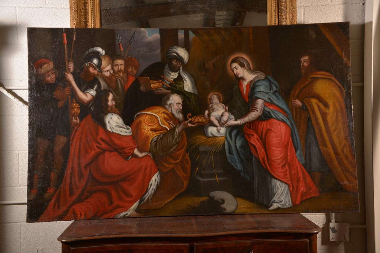 Bellissimo dipinto fiammingo a olio su tela del XVII secolo che raffigura l'adorazione dei magi. Colori vivaci e qualità pittorica meravigliosa di un pittore italiano sconosciuto. Nessuna cornice.