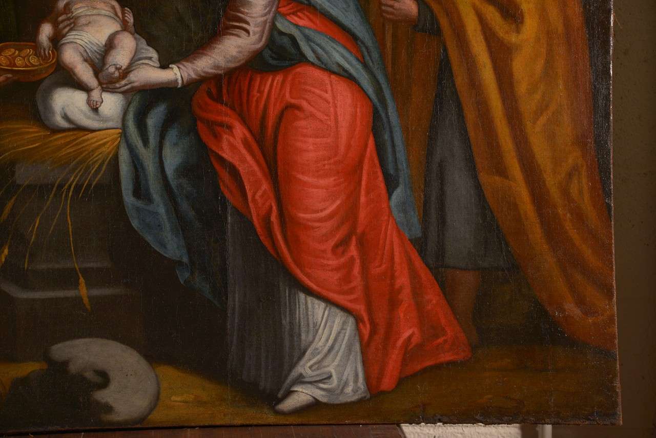 Dipinto a mano Dipinto olio su tela fiammingo del XVII secolo raffigurante l'Adorazione dei Magi in vendita