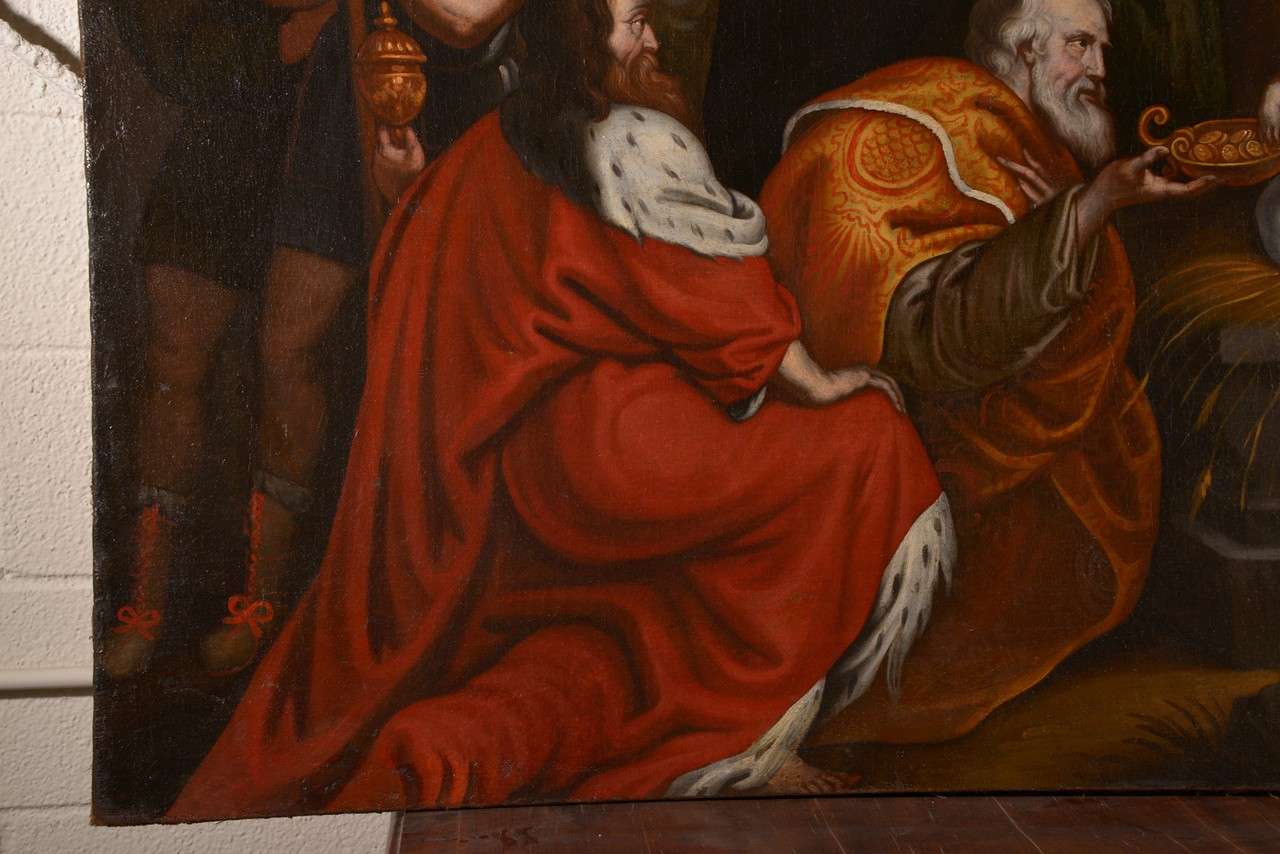 Flemish 17. Jahrhundert Öl auf Leinwand Gemälde der Anbetung der Könige im Zustand „Gut“ im Angebot in Houston, TX