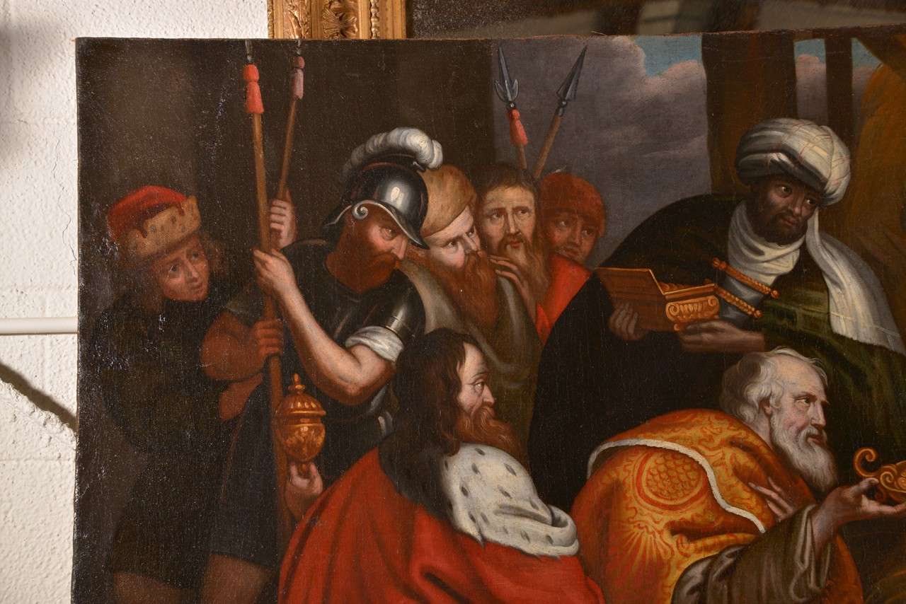Flemish 17. Jahrhundert Öl auf Leinwand Gemälde der Anbetung der Könige (18. Jahrhundert und früher) im Angebot