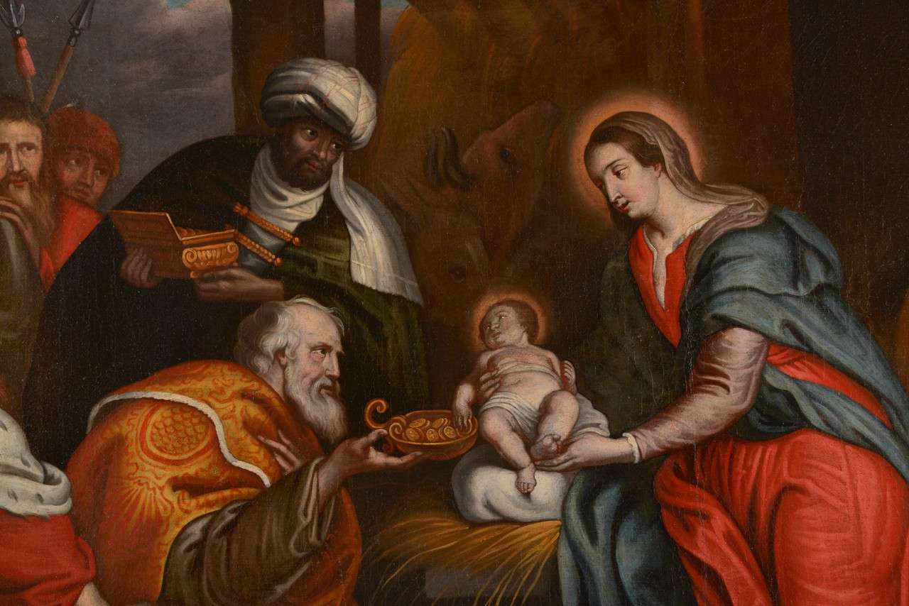 Hand-Painted Flemish 17th Century Oil on Canvas Painting of the Adoration of the Magi For Sale
