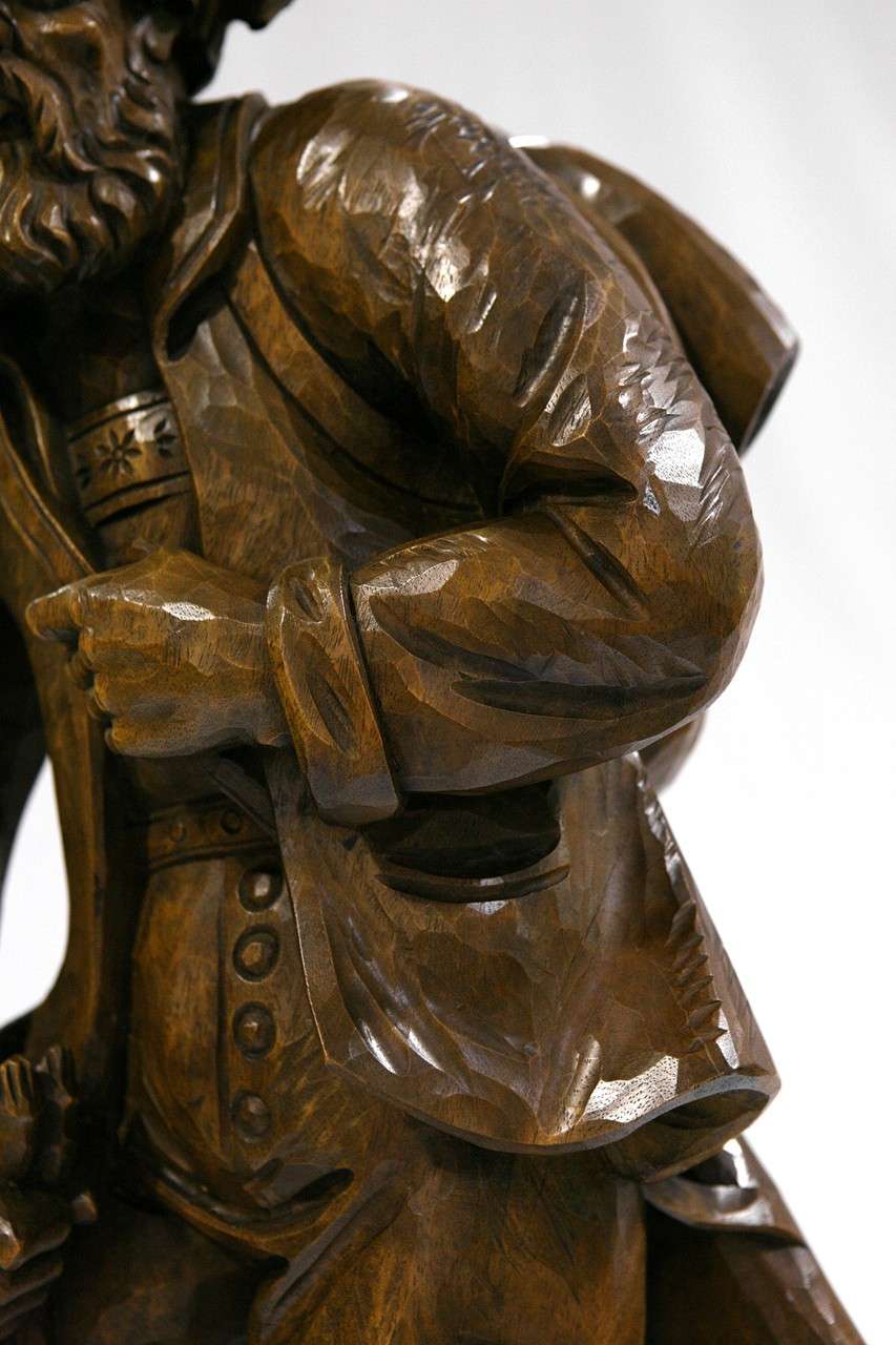 A Wooden German Carving of A Hunter with Dog In Excellent Condition In Hixson, TN
