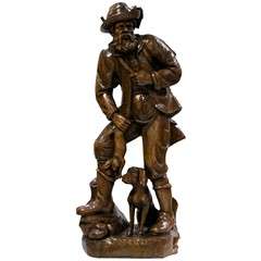 Antique A Wooden German Carving of A Hunter with Dog 