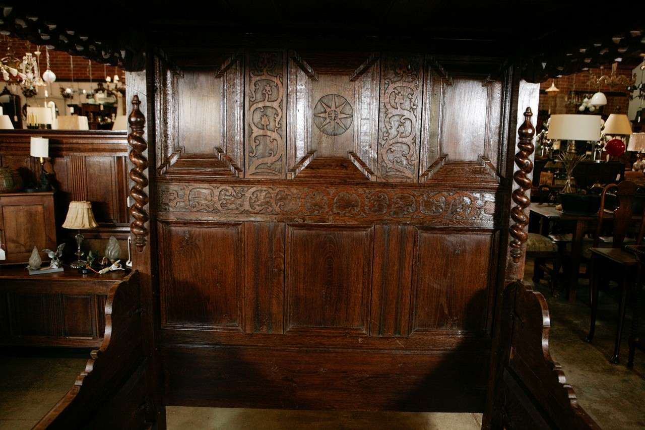 French Antique Carved Oak Tester Bed For Sale