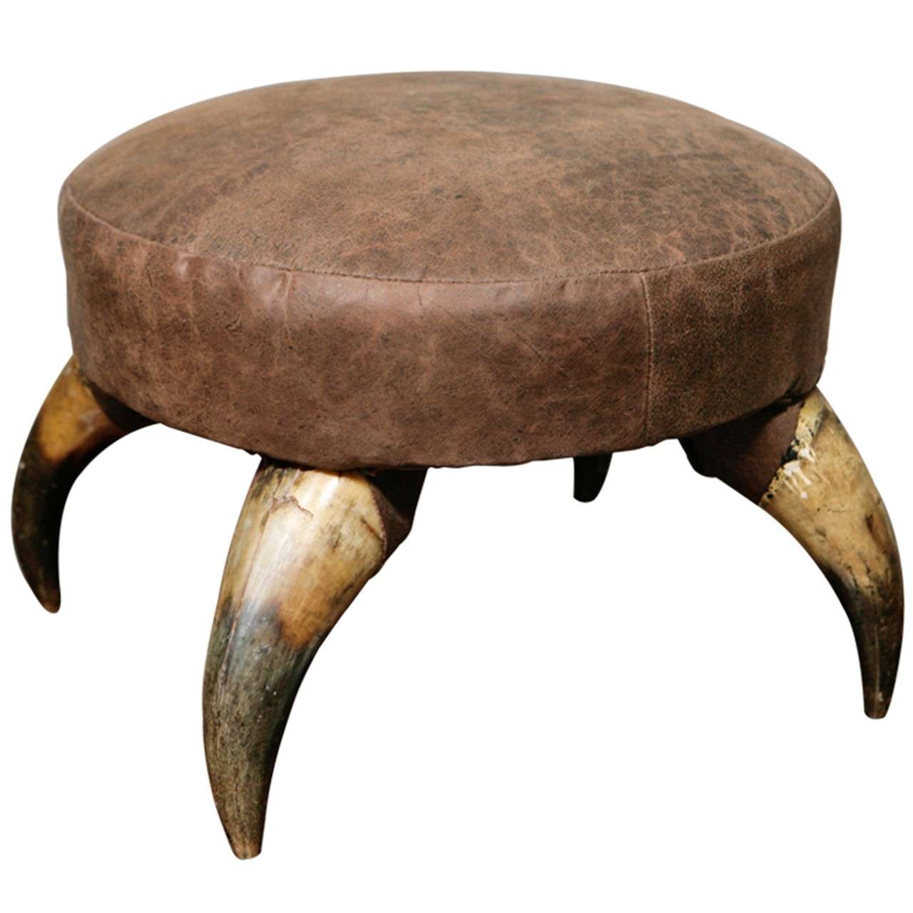 Antique Horn Stool with Leather Upholstry For Sale