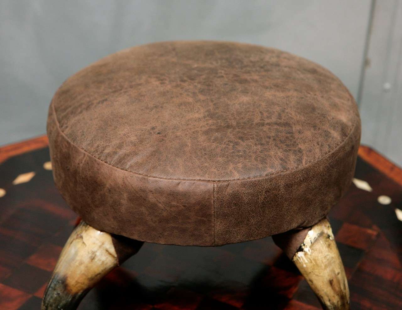 American Antique Horn Stool with Leather Upholstry For Sale