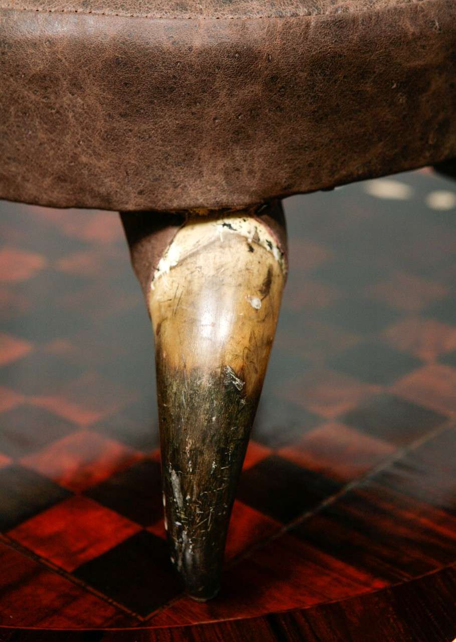 Wood Antique Horn Stool with Leather Upholstry For Sale