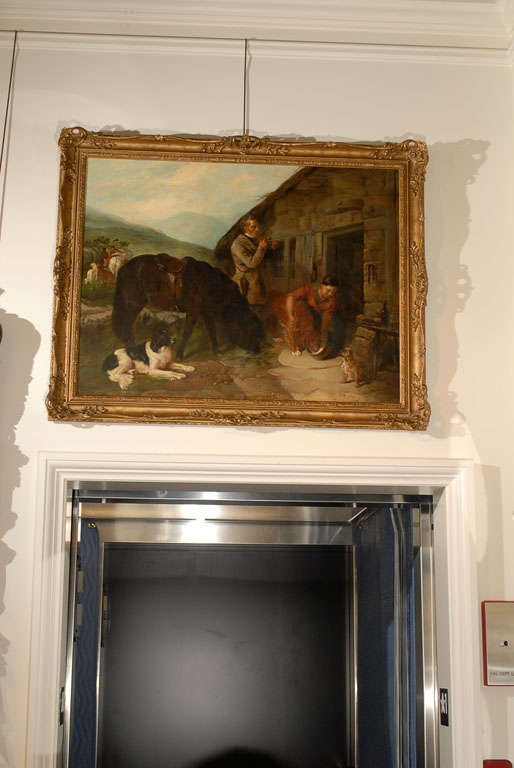 An oil painting from England with horses and dogs set in a country scene with gilded frame from the 19th century. This painting of a country cottage scene features not only dogs and horses, but also a number of people. In the background left are two