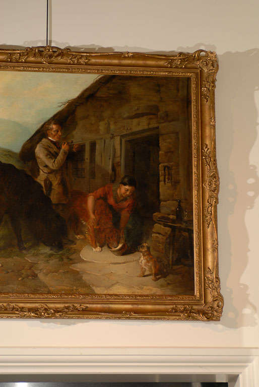 English Oil Painting of Country Scene with Horses and Dogs from the 19th Century In Good Condition In Atlanta, GA