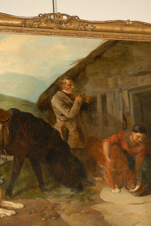 English Oil Painting of Country Scene with Horses and Dogs from the 19th Century 2