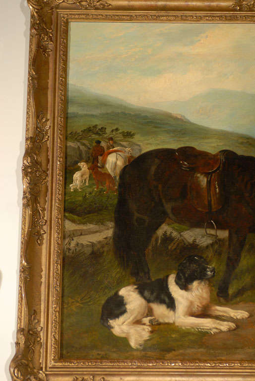 English Oil Painting of Country Scene with Horses and Dogs from the 19th Century 3