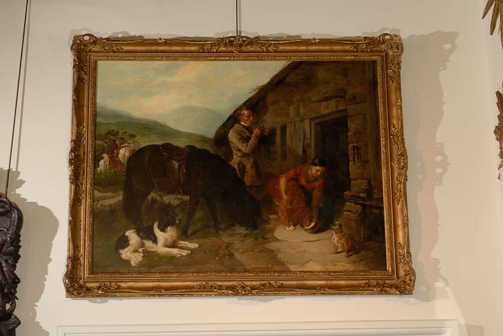 English Oil Painting of Country Scene with Horses and Dogs from the 19th Century 5