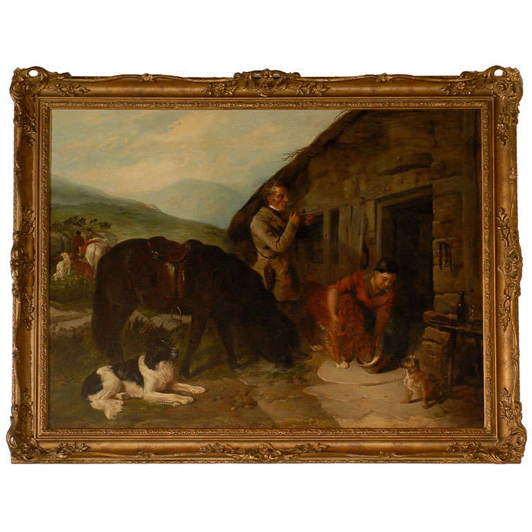 English Oil Painting of Country Scene with Horses and Dogs from the 19th Century