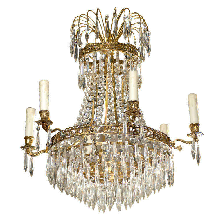 French Six-Light Crystal Basket Chandelier in Empire Style from the 19th Century