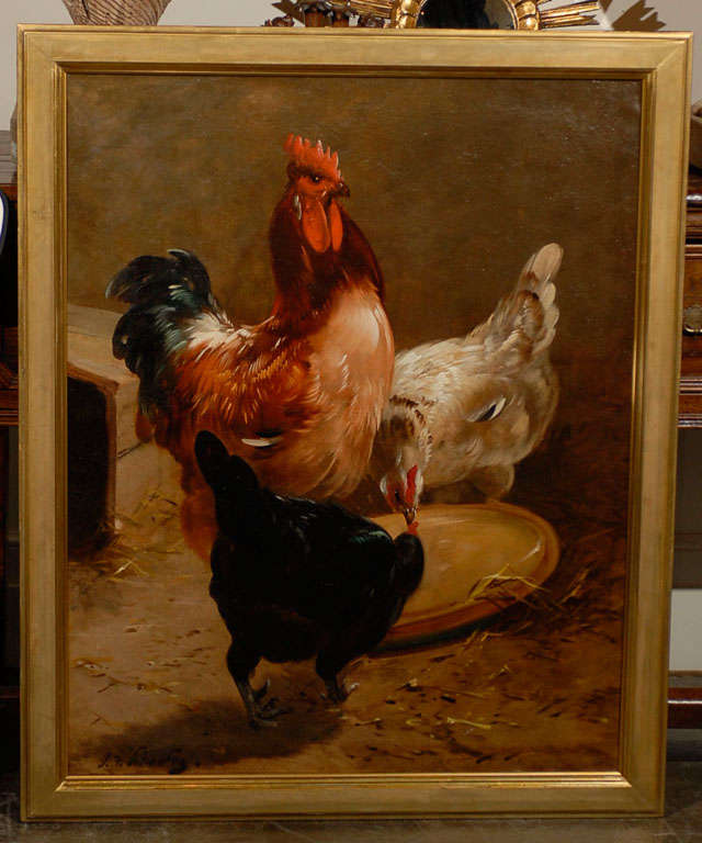 19th Century Large Size Framed Painting of Rooster and Hens by Henry Schouten In Good Condition In Atlanta, GA