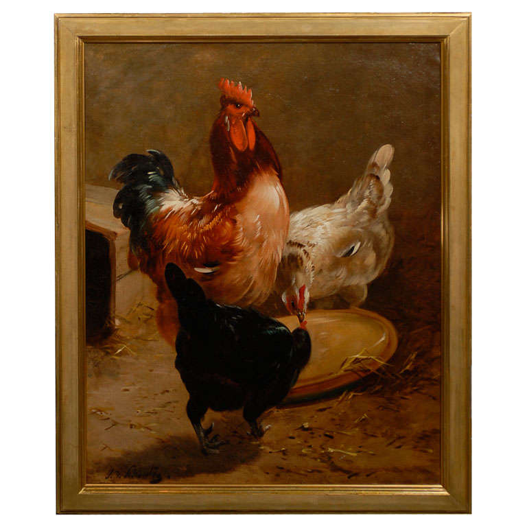 19th Century Large Size Framed Painting of Rooster and Hens by Henry Schouten