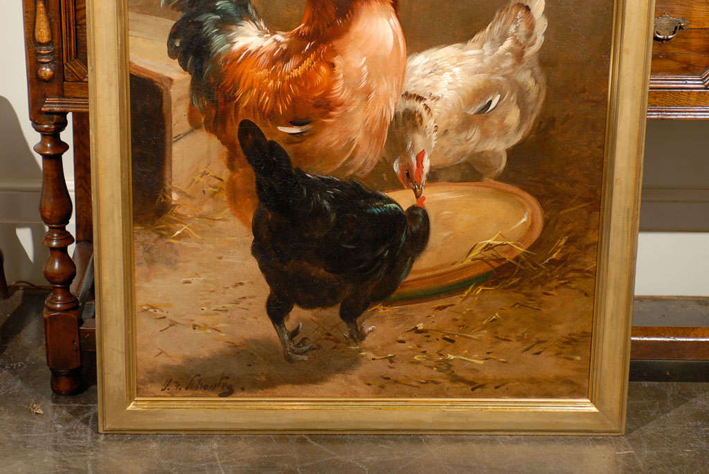 19th Century Large Size Painting of Rooster and Hens by