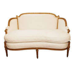 Rare Serpentine Front Louis XVI Settee in Belgian Linen