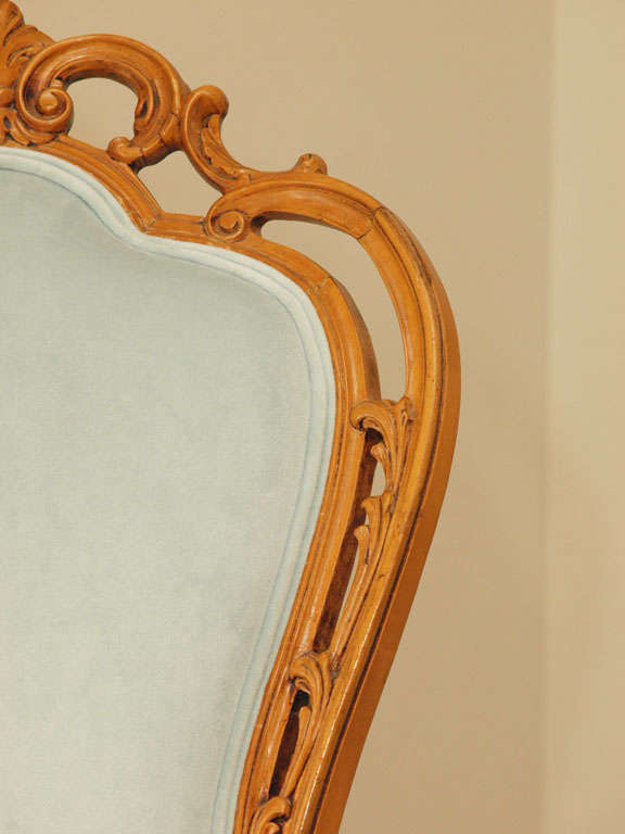 Set of 4 French Rococo Blonde Walnut Chairs in Aqua Velvet 2