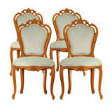 Antique Set of 4 French Rococo Blonde Walnut Chairs in Aqua Velvet