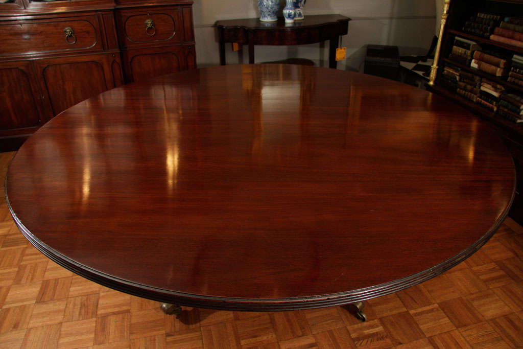 Rare round mahogany dining table with reeded edge on a single pod base with brass capped castors.