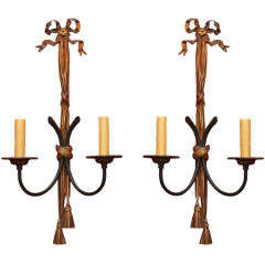 Pair of Early 20th C French Bronze Sconces Shaped As Tasseled Ribbons With A Bow