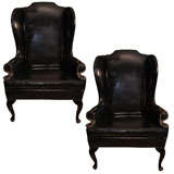 Pair Black Mid Century Wingback Chairs