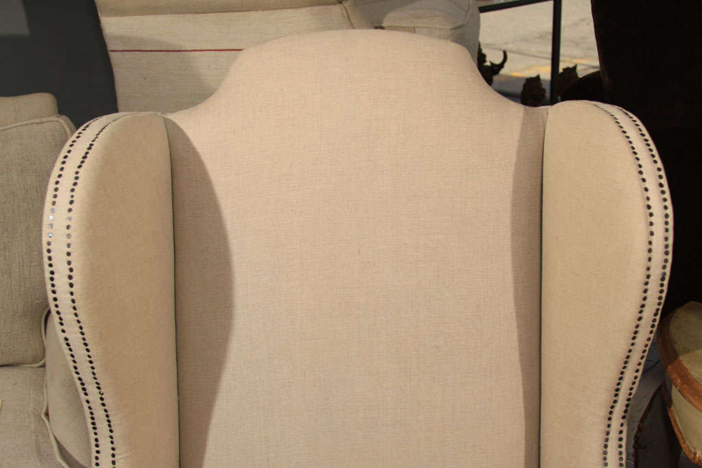 Mid-20th Century Pair of Bleached Linen Wingback Chairs