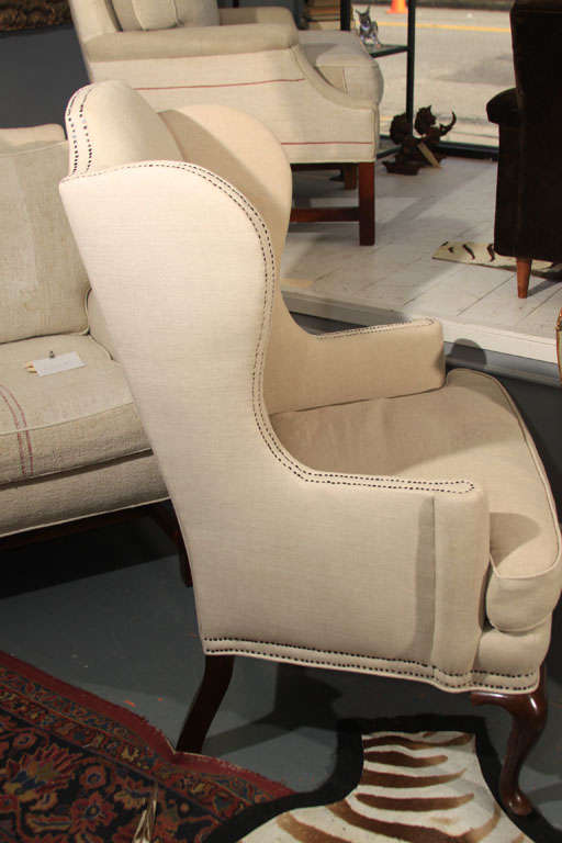 Wood Pair of Bleached Linen Wingback Chairs