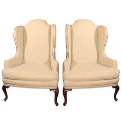 Pair of Bleached Linen Wingback Chairs