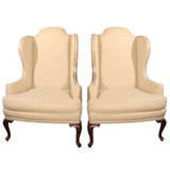 Pair bleached linen wingback chairs 5