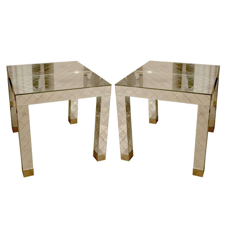 Pair of Mirrored Occasional Tables with Brass Feet For Sale