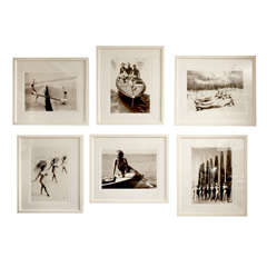 Vintage Group of Six Photos of Beach Scenes in White Lacquer Frames