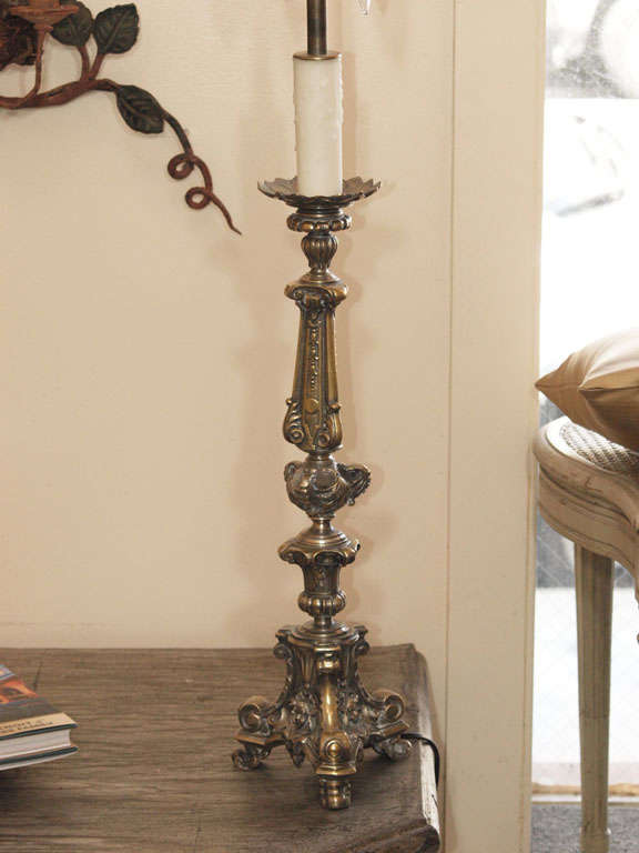 19th Century Pair French Silvered Bronze Candlesticks Repurposed as Lamps